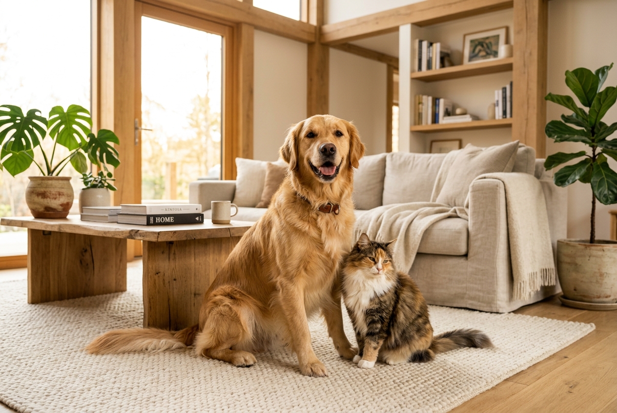 Mascotas felices perro y gato en salón