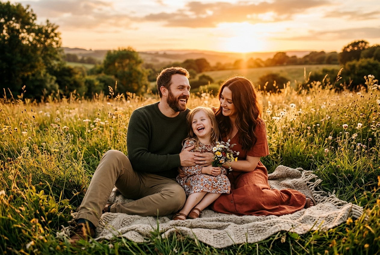 Familia feliz al atardecer en el Aljarafe